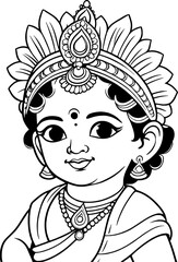 Little Krishna coloring page line drawing vector design, Outline baby Krishna Hindu god