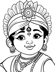 Little Krishna coloring page line drawing vector design, Outline baby Krishna Hindu god