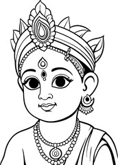 Little Krishna coloring page line drawing vector design, Outline baby Krishna Hindu god