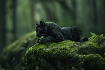 Obraz na płótnie Canvas Shoot of Black panther resting majestically on a moss covered rock