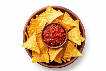 Top view of corn chips nachos and salsa sauce on white background