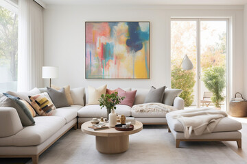 A light-filled living room with a minimalistic approach, featuring a neutral color palette enhanced by a lively interplay of colorful cushions and wall art