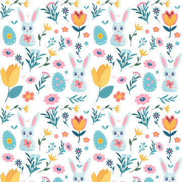 Seamless pattern with flowers, eggs and rabbits for Easter, vector illustration