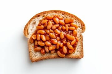 Top view of a white background with a mouthwatering slice of bread and baked beans