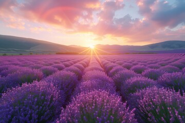 As the sun sinks below the horizon, a sea of purple lavender dances in the golden light, casting a peaceful spell over the vast landscape of rolling hills and majestic mountains