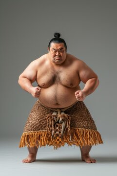 A sumo wrestler in a fighting stance, ready for a match, showcasing the ritualistic preparation of the sport.