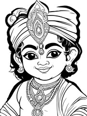 Little Krishna coloring page line drawing vector design, Outline baby Krishna Hindu god