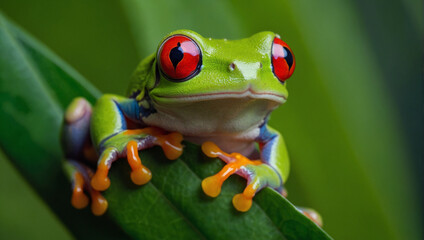 Obraz premium A red-eyed tree frog sits on a green leaf, close-up. generative AI