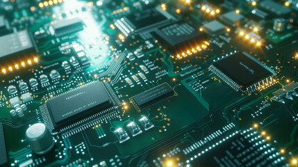 Obraz premium Close-up of an illuminated green circuit board with microchips and glowing connections.