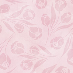 tulips flower pattern. Pink watercolor on paper background.	