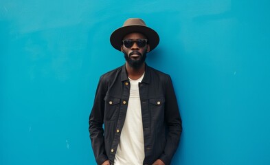 Stylish black man photographed in full length wearing jacket hat and sunglasses