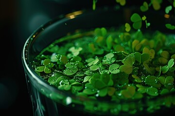 A close-up of a pint of Guinness overflowing with tiny green clover confetti hearts.