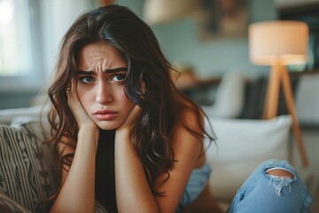 Gorgeous Latina female weeping on couch at residence. - obrazy, fototapety, plakaty