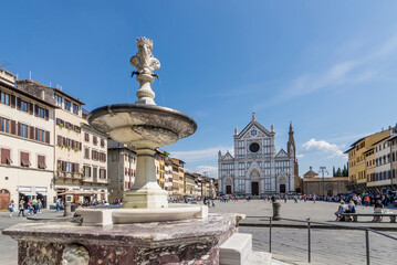 Beautiful view of the famous Piazza Santa Croce in the historic center of Florence, Italy, on a...