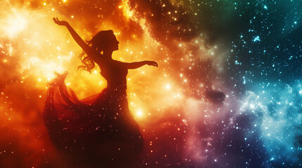 Naklejka premium Silhouette Embracing the Cosmic Lights. Silhouette moving with cosmic light waves.