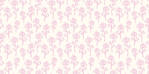 Cute floral daisy backgorund, seamless vector pattern with flowers, pastel pink spring wallpaper design