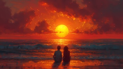 A couple sitting on the beach, gazing out at the sunset with expressions of awe
