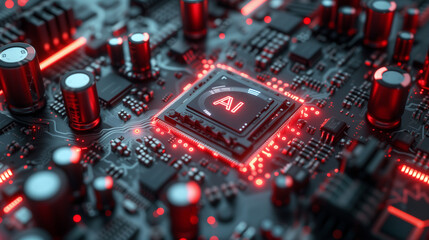Fototapeta na wymiar Artificial Intelligence (AI) Processor on a High-Tech Motherboard with Red Illumination