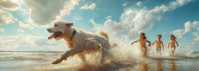Children happily chase dogs in the sea. Wonder and Joy concept