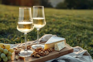 Two glasses of white wine and a wooden plate with cheese and nuts served outside at sunset. generative ai.