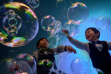 joyful children reach for soap bubbles, big and small soap bubbles fly Wonder and Joy concept