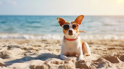 A relaxed Jack Russell terrier dons stylish sunglasses, enjoying the warm, sandy shores with the serene ocean backdrop