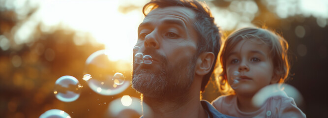 Man blowing soap bubbles to have fun with his children Wonder and Joy concept