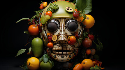 Fruit, vegetable and plant arrangement in the form of human face expressions. 