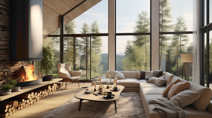 A light-filled Scandinavian living room with floor-to-ceiling windows, offering breathtaking views of nature, and a comfortable seating arrangement focused around a fireplace.