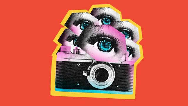 Stop motion. Modern creative animation. Vintage photo camera with a lot of baby-doll eyes isolated orange background. Image in old paper style. Concept of youth culture, retro, technology.