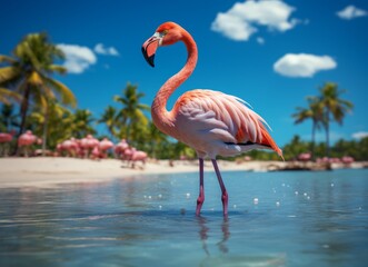 Pink flamingo standing in the water on a beautiful tropical beach.