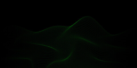 Vector wavy lines form a smooth curve, smooth dynamic green gradient light isolated on black background for the concept of technology, digital technology, communication, science, music.