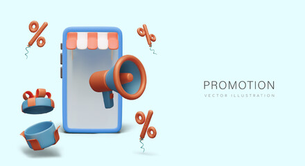 D smartphone with striped canopy, megaphone, open gift box, balloon discount