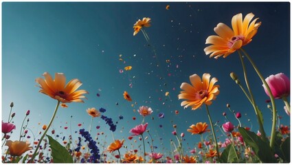 3d render of beautiful flying flowers scene