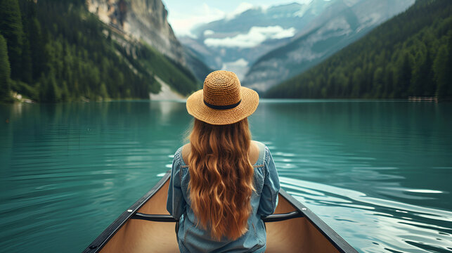 Rear view of travel girl with hat paddling the canoe on lake. generative ai