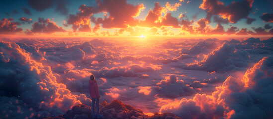 a person on top of a mountain looking at the view, clouds at sunset