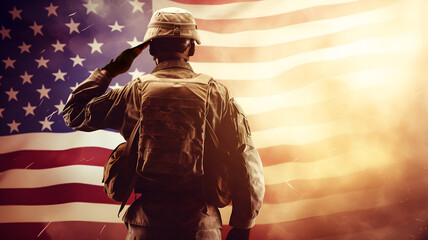 soldier in the battle field saluting in front of the United States of America flag background. Memorial day and independence day concept - obrazy, fototapety, plakaty