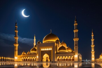 Fototapeta na wymiar a serene Ramadan night with the crescent moon, mosque, and stars by ai generated