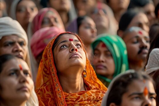 Beautiful Indian woman in traditional dress praying in a temple.