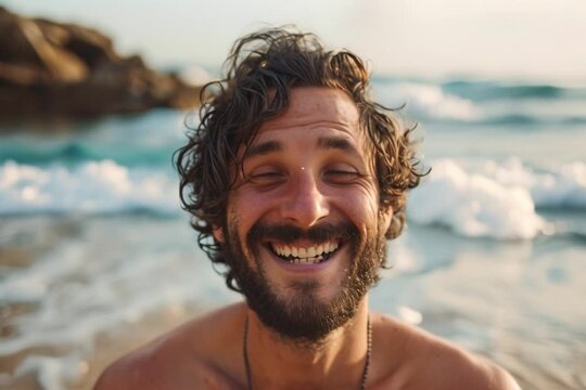 Smiling handsome man on the beach. Happiness.