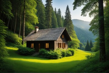 a small house in a lush forest by ai generated
