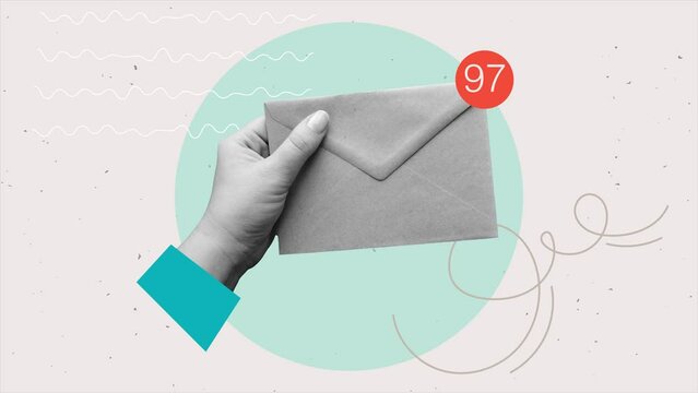 A hand holds a closed envelope with an unread messages. Letter in hand. Animation in a modern collage style