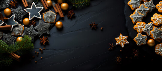 Gourmet Christmas Cookies on Dark Slate.
Exquisite star-shaped Christmas cookies and seasonal spices arranged on dark slate, embodying the spirit of holiday baking and festive decor.