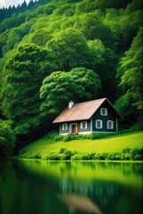 Fototapeta na wymiar a small house in a lush forest by ai generated