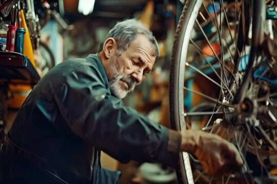 Senior man working in a biking repair shop.