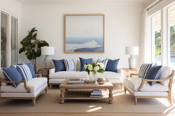 A living room bathed in natural light, featuring navy and white decor elements inspired by the sea, creating a timeless and inviting space for the ultimate summer retreat