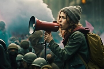 Young adult female feminist demonstrate. Social message. Crowd of people on street by day.
