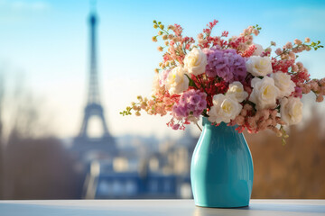 bouquet of roses and spring flowers with blurry Eiffel Tower in the background