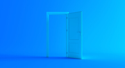 Open the door. Blue door, open entrance in blue background room. Architectural design element. Modern minimal concept. Opportunity metaphor.