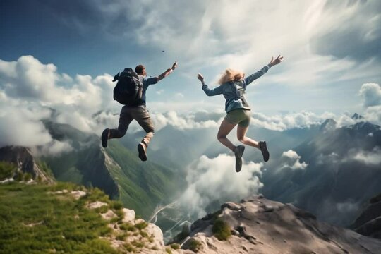 Happy couple with open arms jumping on the top of mountain. Hikers with backpack celebrating success. Freedom concept.